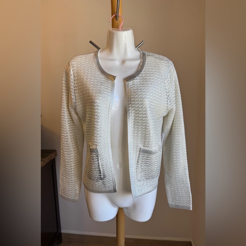 Koko + Mason  Knit Cardigan Sweater Blazer Ivory Silver Pockets Coquette Luxury